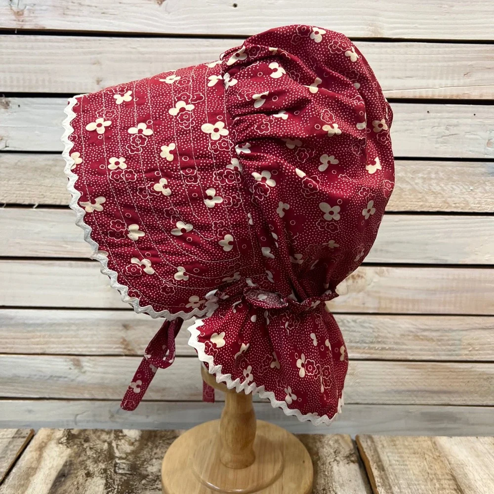 Vintage Prairie Sun Bonnet Red Floral Calico Cotton Pioneer Cottagecore Hat